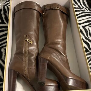 Burberry Brown Leather Mid-Calf Platform Heel Boots
